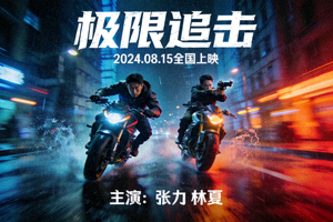 动作电影《极限追击》海报 - 摩托车在街道上高速追逐