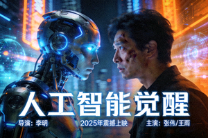 科幻电影《人工智能觉醒》海报 - 机器人与人类对视